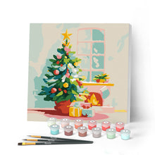 Cargar imagen en el visor de la galería, Mini Pintar por Números 20x20cm con bastidor - Árbol de Navidad y chimenea