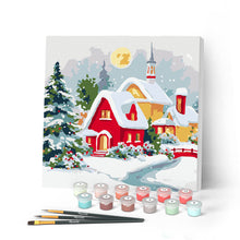 Cargar imagen en el visor de la galería, Mini Pintar por Números 20x20cm con bastidor - Casa roja en invierno