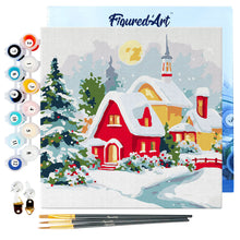 Cargar imagen en el visor de la galería, Mini Pintura por Números 20x20cm con bastidor - Casa roja en invierno