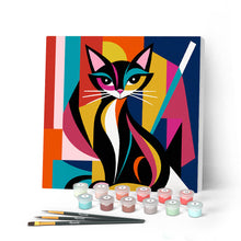 Cargar imagen en el visor de la galería, Pintar por numeros Figured'Art - Mini Pintura por Números 20x20cm con bastidor - Gato Abstracto Audaz