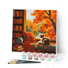 Cargar imagen en el visor de la galería, Pintar por numeros Figured'Art - Mini Pintura por Números 20x20cm con bastidor - Vista otoñal del gato
