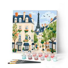 Cargar imagen en el visor de la galería, Pintar por numeros Figured'Art - Mini Pintura por Números 20x20cm con bastidor - Calle de París en Acuarela