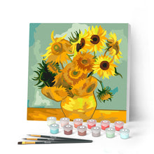 Cargar imagen en el visor de la galería, Pintar por numeros Figured'Art - Mini Pintura por Números 20x20cm con bastidor - Van Gogh - Girasoles