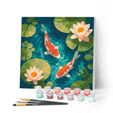 Cargar imagen en el visor de la galería, Pintar por numeros Figured'Art - Mini Pintura por Números 20x20cm con bastidor - Estanque de koi