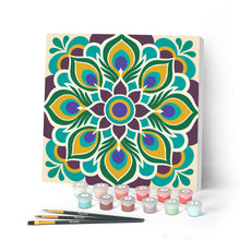Cargar imagen en el visor de la galería, Pintar por numeros Figured'Art - Mini Pintura por Números 20x20cm con bastidor - Mandala de pavo real