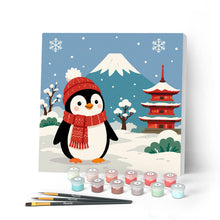 Cargar imagen en el visor de la galería, Pintar por numeros Figured'Art - Mini Pintura por Números 20x20cm con bastidor - Pingüino junto al monte Fuji