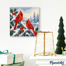 Cargar imagen en el visor de la galería, Mini Pintura por Números 20x20cm con bastidor - Cardenales de invierno