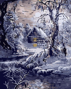 Pintar por números - Casa y río en invierno