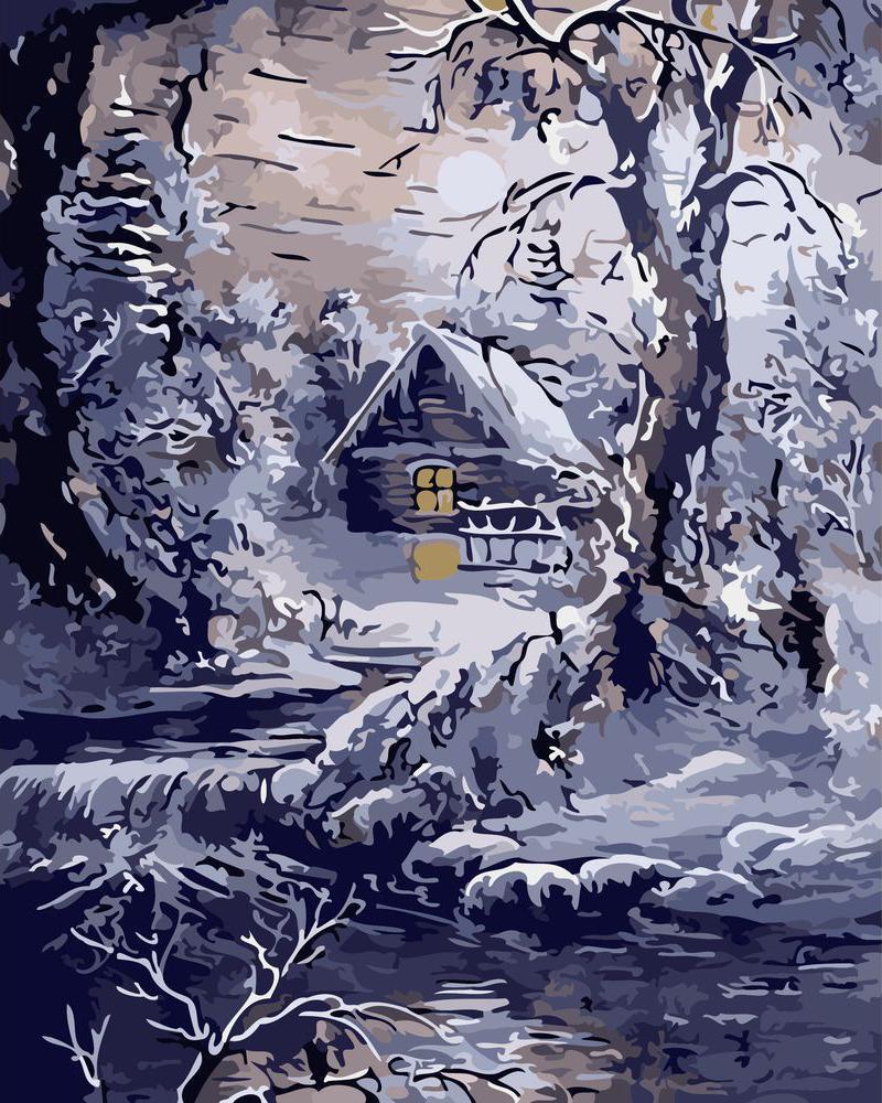 Pintar por números - Casa y río en invierno