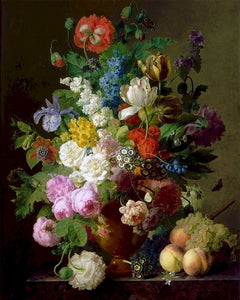 Pintar por números | Jan Fran van Dael - Jarrón de flores uvas y melocotones | Novedades Flores Avanzado | FiguredArt