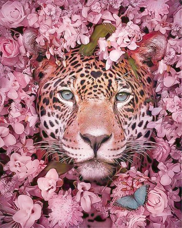 Pintar por números | Pantera entre flores | Novedades Flores Animales Pantera Avanzado | FiguredArt