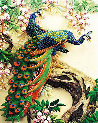 Diamond Painting - Grandes pavos reales en una rama