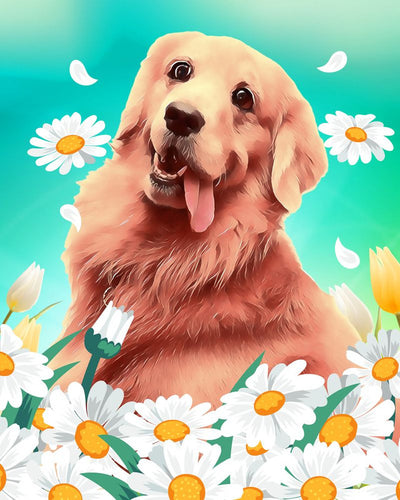 Pintar por números Golden retriever Figured'Art Fácil Novedades Animales Perros Flores