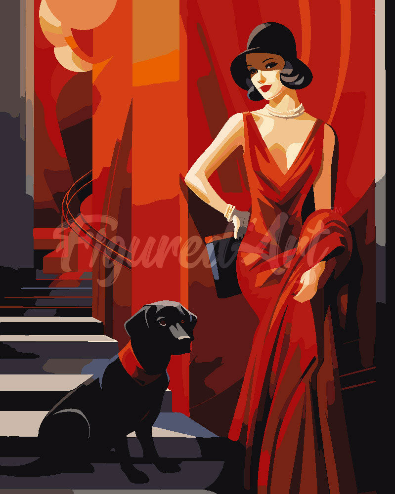 Pintar por numeros Figured'Art - Mujer Art Deco con su perro