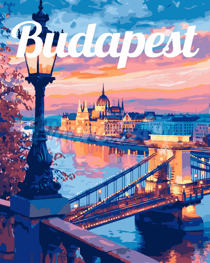 Pintar por numeros Figured'Art - Póster de Viaje Budapest al Anochecer