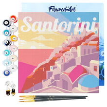 Cargar imagen en el visor de la galería, Mini Pintura por Números 20x20cm con bastidor Póster de Viaje Atardecer en Santorini