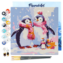 Cargar imagen en el visor de la galería, Mini Pintura por Números 20x20cm con bastidor Familia de Pingüinos en la Nieve