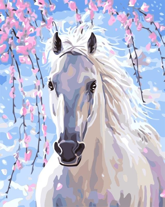 Pintar Por Números - Caballo Blanco Y Flores - Figuredart - Animales Caballos