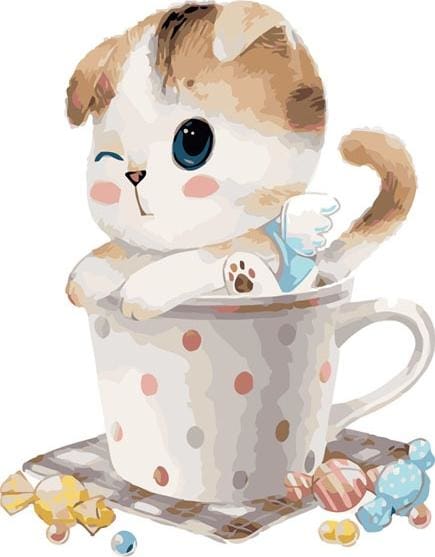 Pintar Por Números - Gato Taza De Té - Figuredart - Animales Cocina Gatos Infantil Principiantes