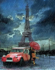 Pintar Por Números - Pareja Lluvia Torre Eifel - Figuredart - Ciudades