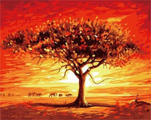 Cargar imagen en el visor de la galería, Pintar Por Números - Puesta De Sol Roja Y Árbol Con Elefantes - Figuredart - Animales Elefantes Paisajes Árboles